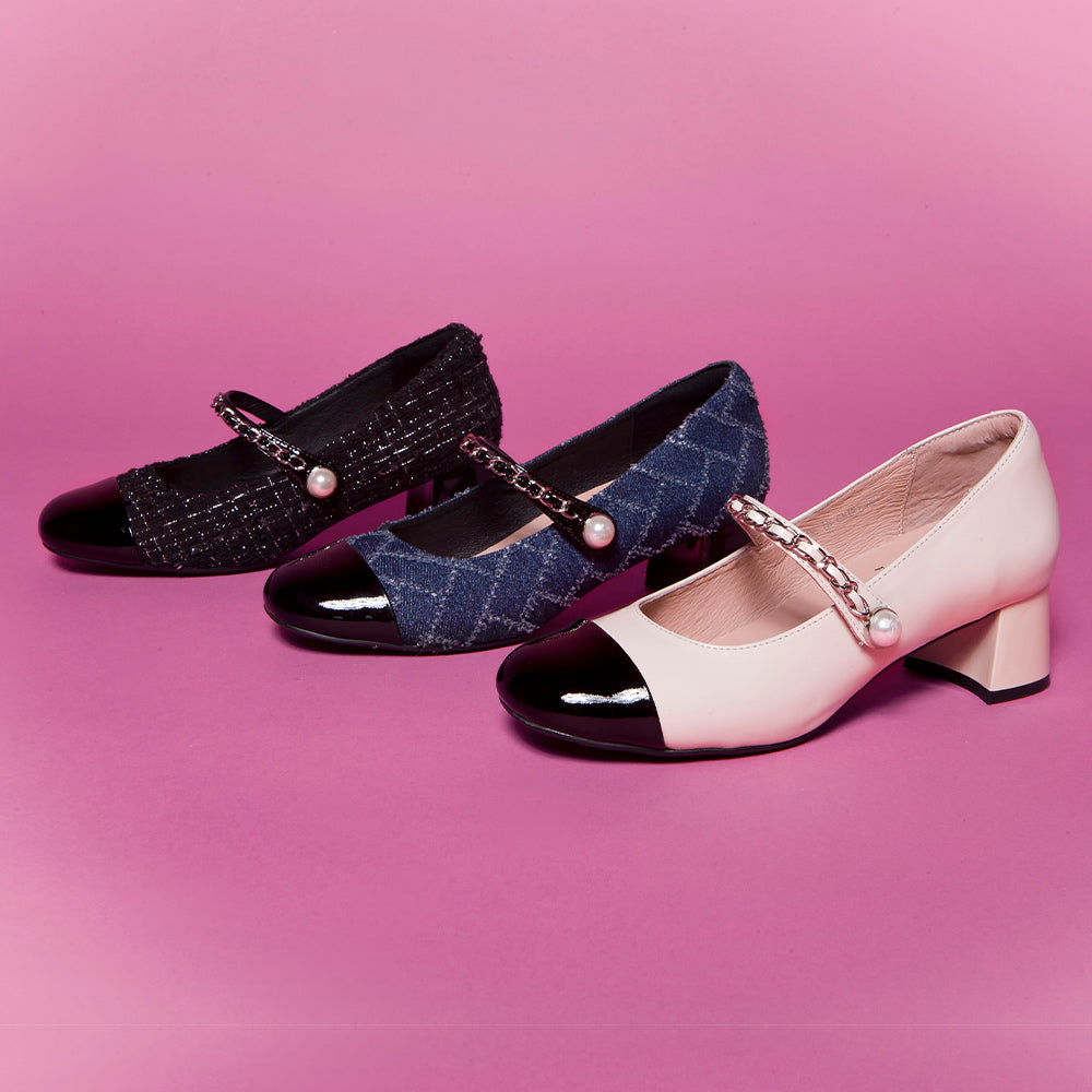 【FAIR LADY聯名】小香風拼接珍珠飾釦瑪莉珍中跟鞋(6B2961)
