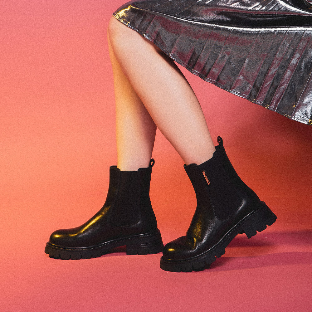 【FAIR LADY聯名】時髦拼接鋸齒厚底切爾西靴 (7B2946)